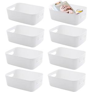 12 Pieces Plastic Storage Bins Basket with Handles Toy Organizers and Storage Bins for Home Cupboard Kitchen Bathroom Office Pantry Organization(9.6 X 6.3 X 3.9 Inch,White)