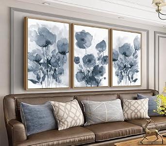arteWOODS Botanical Framed Wall Art - Abstract Watercolor Style Pictures Grey Blue Floral Wall Decor Minimalist Prints Aesthetic Flowers Painting Artwork 20" x 28" Set of 3 Natural Framed
