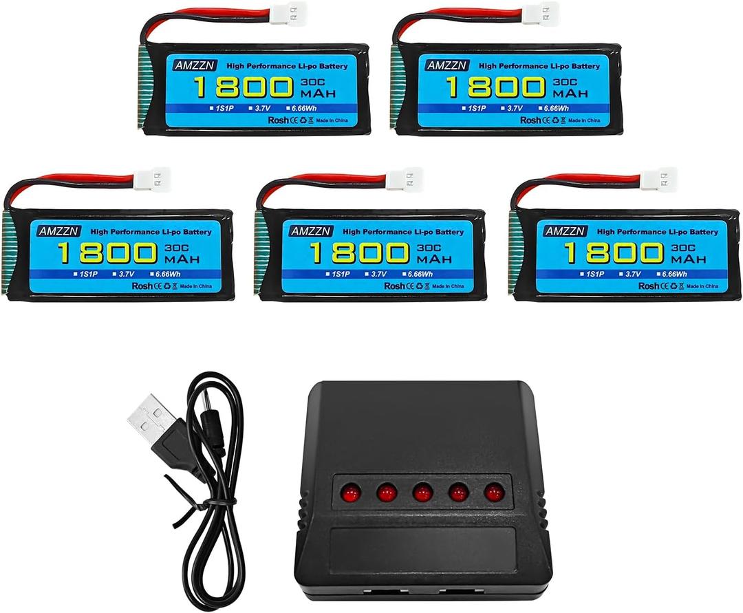5PCS 3.7V 1800mAh 30C Lipo Battery with Molex Plug and 5-in-1 Charger Compatible with Most RC Drones,Quadcopters,Airplane Models,and Mini Remote-Controlled UAV