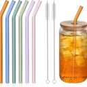 6 Pcs Reusable Bent Glass Drinking Straws,9''x10 mm Colorful Glass Straws for Beverages, Shakes, Milk Tea, Juices,Set of 6 Bent with 2 Cleaning Brushes -Shatter Resistant