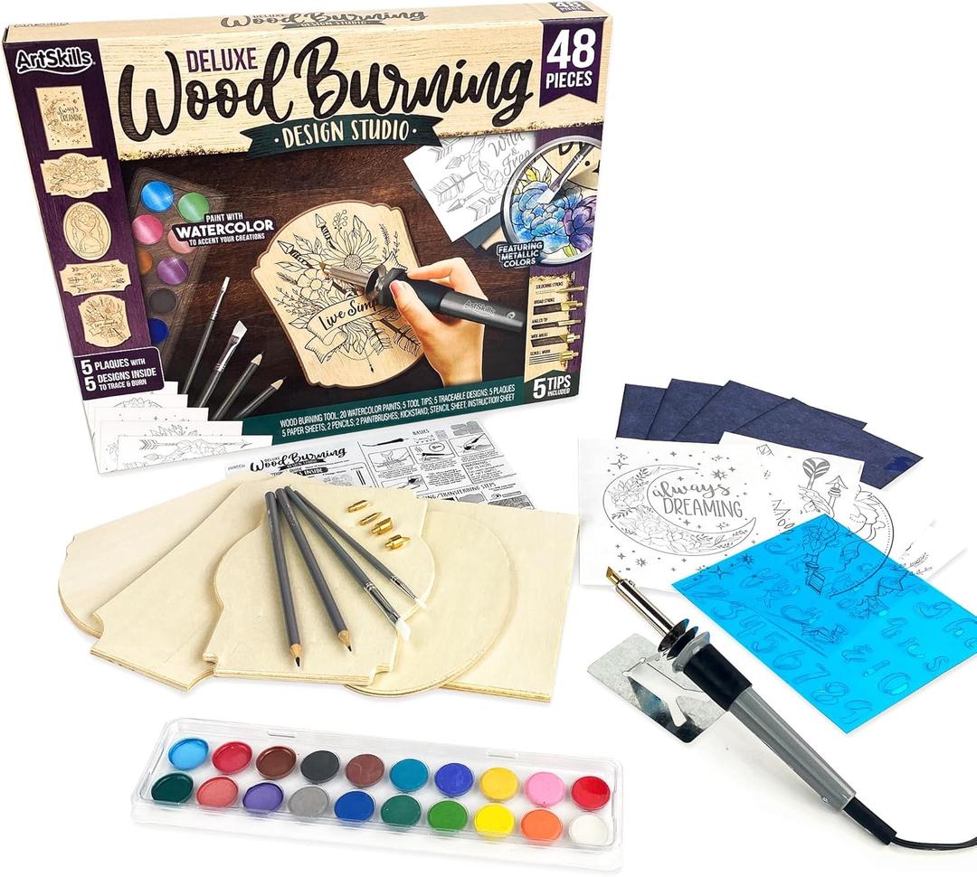 ArtSkills Wood Burning Kit for Beginners, Deluxe Pyrography Wood Engraving Art Set with Burner Pen, Stencils, Watercolor Paints, DIY Tools for Adults and Kids, 48 Pieces