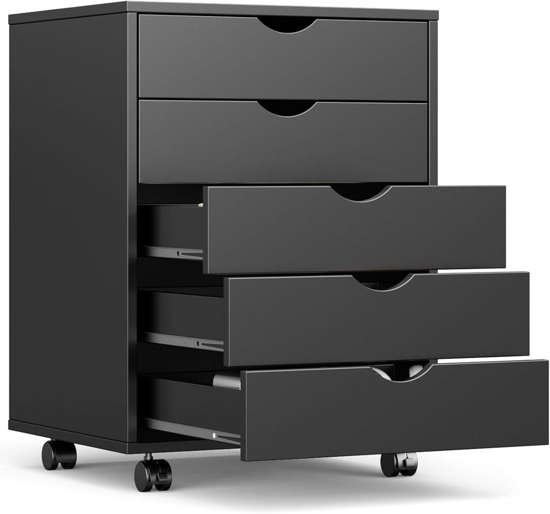 OLIXIS 5 Drawer Mobile File Cabinet Under Desk Storage Organization with Wheels Vertical Filing Chest Rolling Wood Small Desk Printer Stand for Home Office, 15.75"D x 18.74"W x 25.39"H, Black