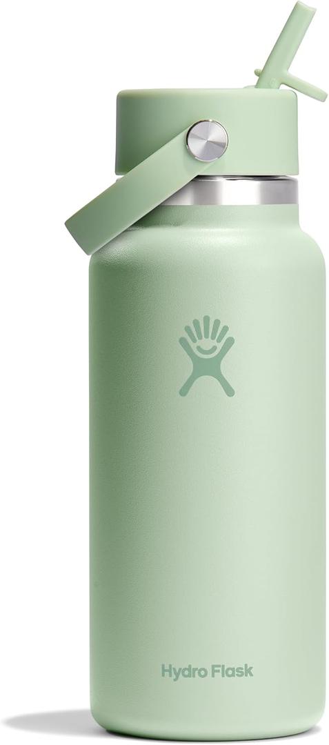 Hydro Flask Water Bottle - Insulated Stainless Steel - Wide Mouth Flex Straw Lid, Non Spill, Leakproof and Refillable in 32 Oz Aloe Green
