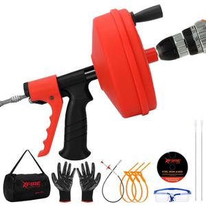 New50 FT Double Mode Drain Snake Tools, 11-in-1 Drain Auger for Sink and Drain Unblocking, Plumbing Snake for Kitchen, Bathrom and Shower Sink, Snake for Real DYIs (Red)