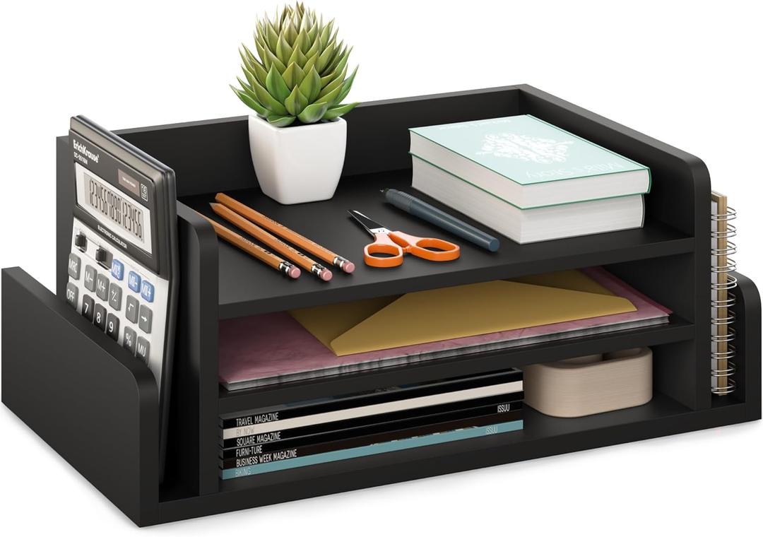 Ballucci 3-Tier Desk Organizer with 2 Side Mail Sorter Slots, Wood Letter Tray, Open Top Paper Organizer, Desktop File Organizer, Black (16.5" x 9.5" x 6.5")