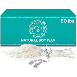 Hearts & Crafts Candle Making Kit - 50 lbs Soy Wax Flakes with 100 Pieces Pre-Waxed 6-Inch Wicks and 2 Metal Centering Devices - Premium DIY Candle Making Supplies