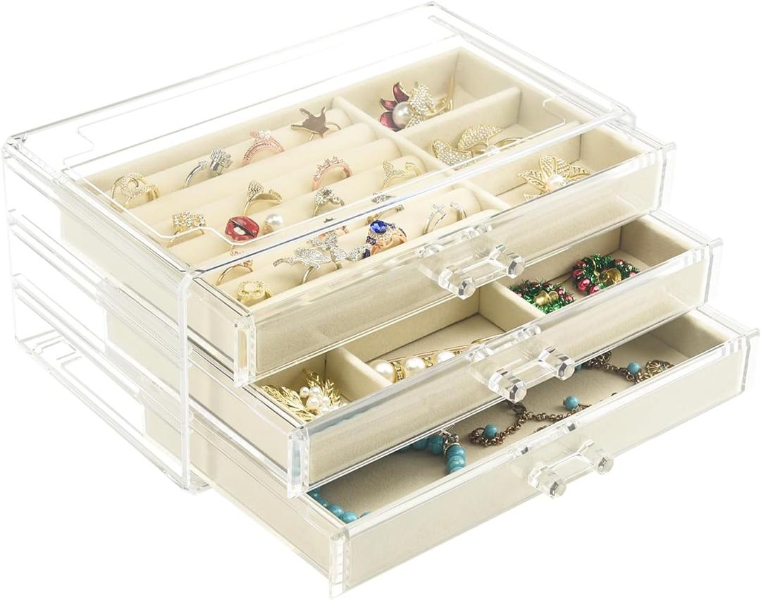 Weiai Acrylic Jewelry Box 3 Drawers, Velvet Jewellery Organizer, Earring Rings Necklaces Bracelets Display Case Gift for Women, Girls, Beige
