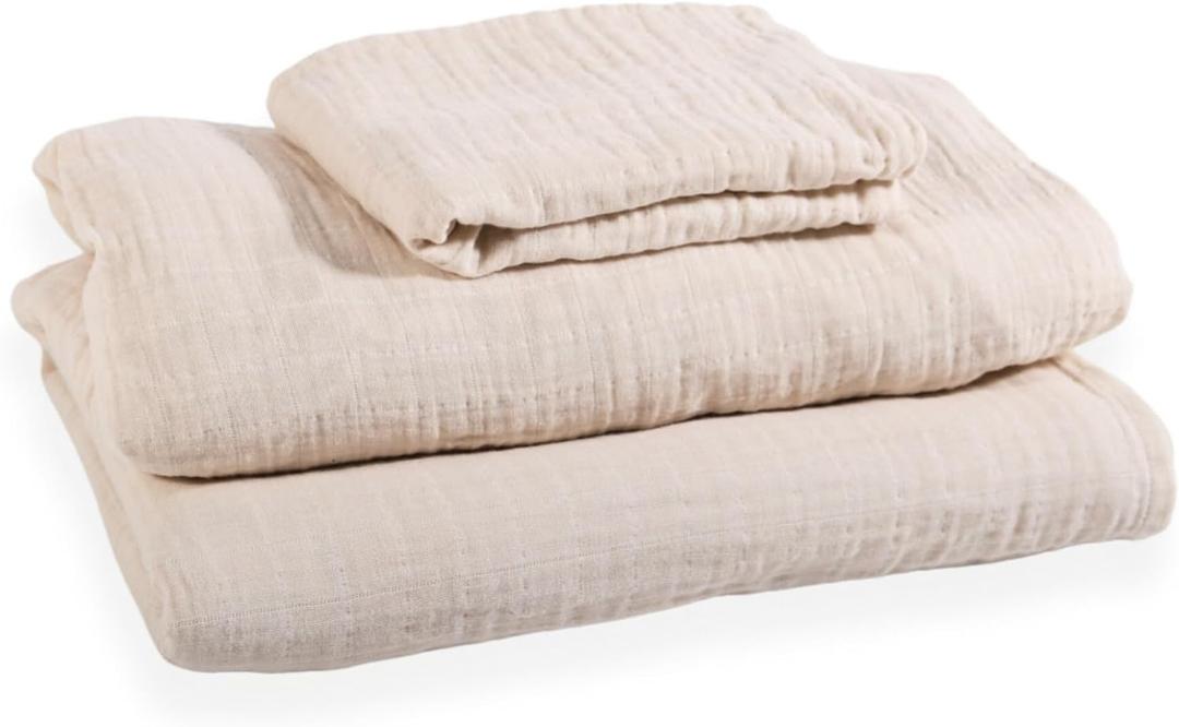 3-Piece 100% Organic Cotton Muslin Bed Sheet Set, Twin Size, Breathable & Soft, Includes Flat Sheet, Fitted Sheet, and Pillowcase | Unisex Bedding for Boys & Girls | Neutral Ivory Color