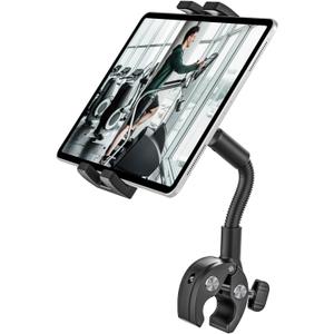 woleyi Gooseneck Tablet Bike Mount for Indoor Cycling, Gym Treadmill, Spin bike, Stationary Exercise bicycle, Peloton Handlebar, Elliptical, Stroller Clamp for iPad Pro/Air/Mini, Phone, 4.7-13" Tablet