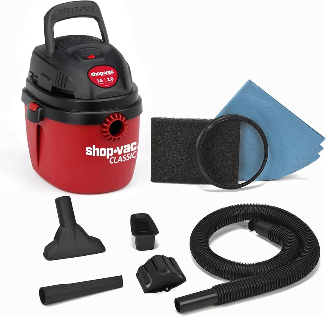 Shop-Vac 1.5 Gallon 2.0 Peak Wet Dry Vacuum, Portable Compact Shop Vacuum with Collapsible Handle Wall Bracket & Attachments, 2030100