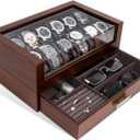 High End Watch Box for Men, 12 Slot Wooden Watch Case With Drawer, Watch Display Box with Glass Lid, 2-Layer Watch Holder for Jewelry and Watch Storage for Men Women , Ideal for Gift (With Gift Box) (Walnut)