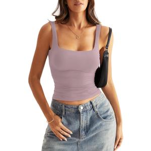 Eachyes Womens Square Neck Double Lined Tank Tops Low Back Fitted Sleeveless Shirts Summer Going Out Clothes (Small, Dusty Pink)
