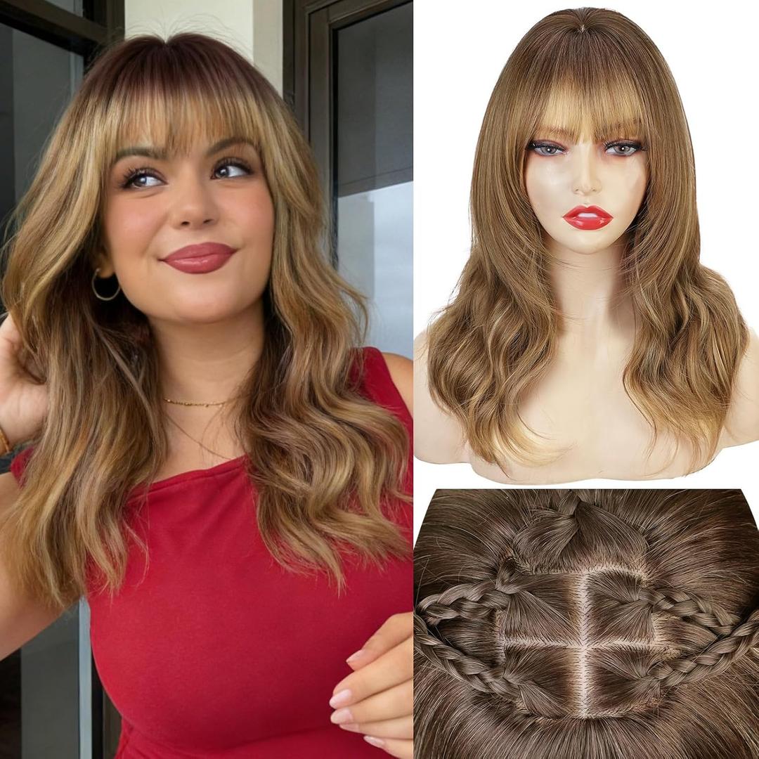 Wig with Bangs for Women Layered Hairstyle 4x4 Realistic Scalp Medium Length Wavy Synthetic Heat Resistant Hair Wig for Daily Party Use Light Brown mix Blonde Highlights 18 inch