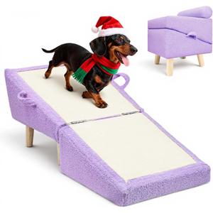 Dog Ramp for Small Dogs and Cats – 2-in-1 Dog Ramp for Couch and Low Bed, 16.5'' Foldable Wooden Pet Ramp, Sturdy Multi-Use Split Ottoman Design, Light Purple