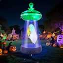 Leyndo 6 ft Halloween Inflatable Alien Ufo Decoration Ufo Blow Ups Decor with Girl Music Singer Fans Halloween Inflatable Outdoor Decor with 2 Color Changing Lights for Outside Yard Lawn Party Concert