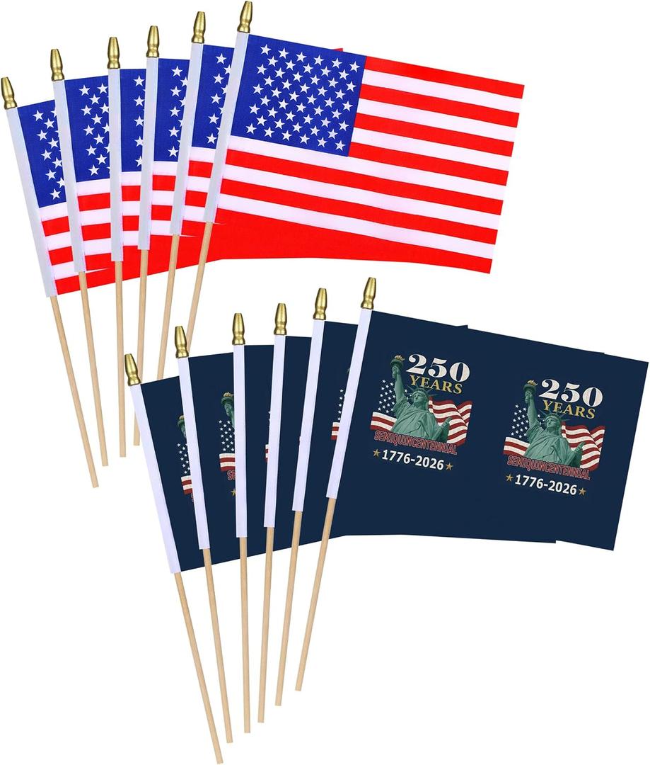 2 x 12 Pack 250th USA Anniversary Small Mini Wood Hand Held Stick Flag,with Statue of Liberty Design,5.5 × 8.2 Inch.