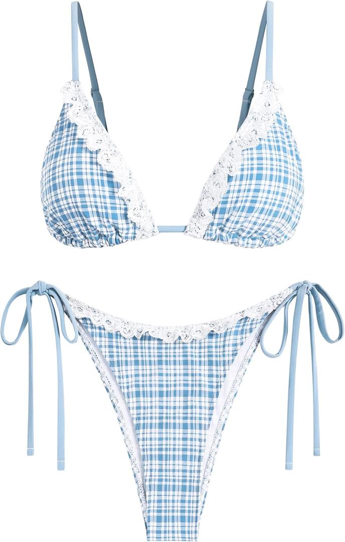 ZAFUL Women's Triangle Bikini Lace Frilled Ruffles Gingham Print Tie Side Spaghetti Strap 2 Pieces Bikini Swimsuit (Medium, 3-blue)