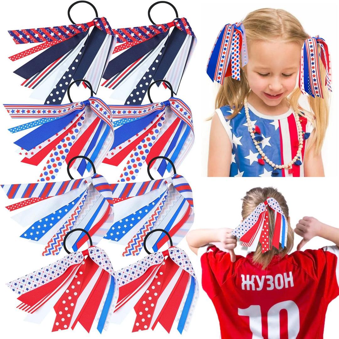 8PCS 4th of July Hair Ties for Girls, Red White Blue Ribbon Hair Ties, Independence Day Hair Accessories Party Favor Gift for Cheerleader Women