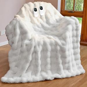 IUUI Electric Heated Blanket Queen 84"x90", Faux Rabbit Fur Heating Blanket, Whit