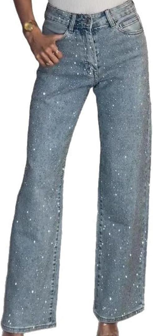 Unybwonn Straight Leg Rhinestone Jeans High Waist Pearl Sparkly Denim Pants (Blue, M)
