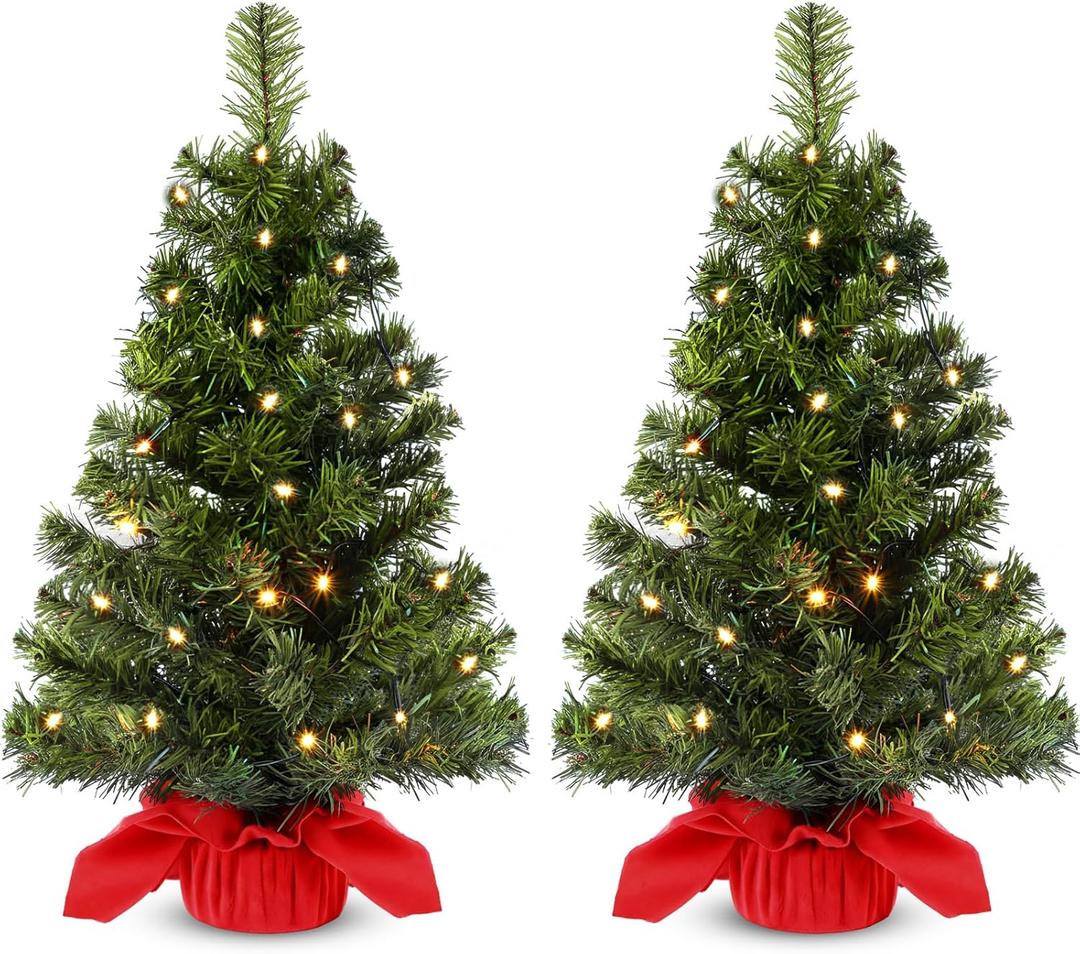 Jenaai 2 Pack Lighted Artificial Mini Christmas Tree 24 Inch Tabletop Christmas Tree with 50 LED Lights, Battery Operated Small Xmas Decoration Home Decor Outdoor Indoor