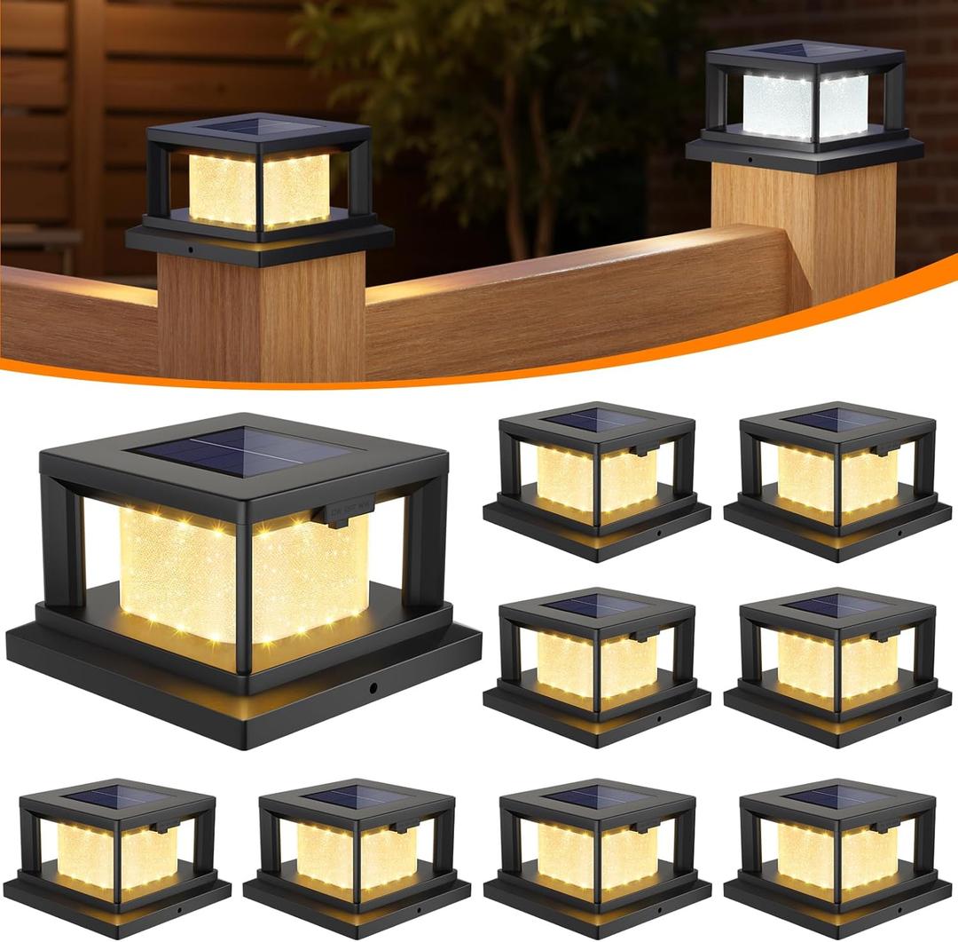 Mlambert 4x4 Solar Post Cap Lights 8-Pack, 2 Lighting Modes Solar Fence Cap for Wooden Vinyl Post, Waterproof Deck Light Patio Porch Decoration, Black