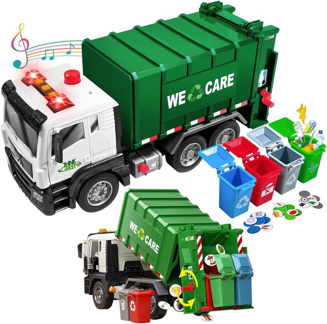 Garbage Truck Toy, Large Friction Powered Garbage Truck Toy with Light and Sounds, 4 Garbage Bins and Learning Cards for Kids