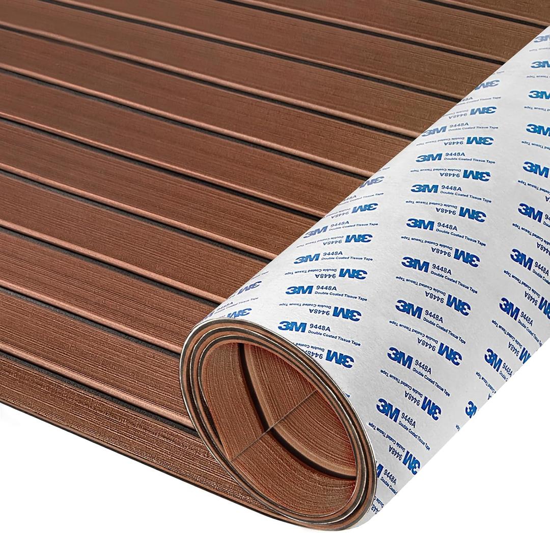 HXBYX EVA Foam Boat Flooring, 3M Self-Adhesive Faux Teak Marine Decking, 47.5"×16"- 5.2sqft, Dark Brown with Black Seam Lines
