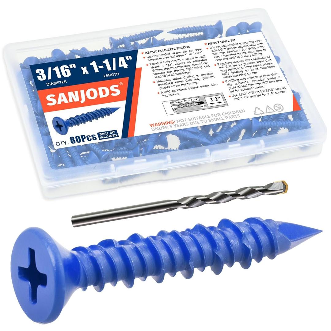 3/16" x 1-1/4" Concrete Screw Anchor, Blue Flat Head Screws for Anchoring to Masonry, Brick, Block, Cement or Stucco (Pack of 80)