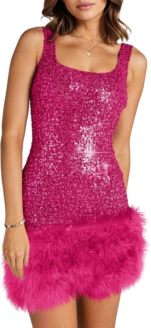 Wenrine Womens Sparkly Sequin Dress Bodycon Square Neck Fur Club Party Mini Dresses (XX-Large, Bright Pink)