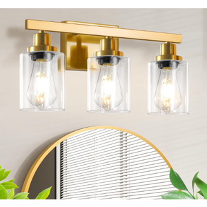 DIKAIDA 3 Light Gold Bathroom Light Fixtures, Bathroom Vanity Light Over Mirror, Gold Wall Sconce Vanity Lighting with Clear Glass Shade,Modern Farmhouse Bath Wall Lamp for Mirror Kitchen