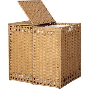 130L Foldable Laundry Hamper with Lid - Handwoven Rattan Storage Basket, 2-Section Clothes Hamper w/2 Removable Liner Bags, Easy Assembly, Portable for Bedroom Bathroom Dorm,Natural
