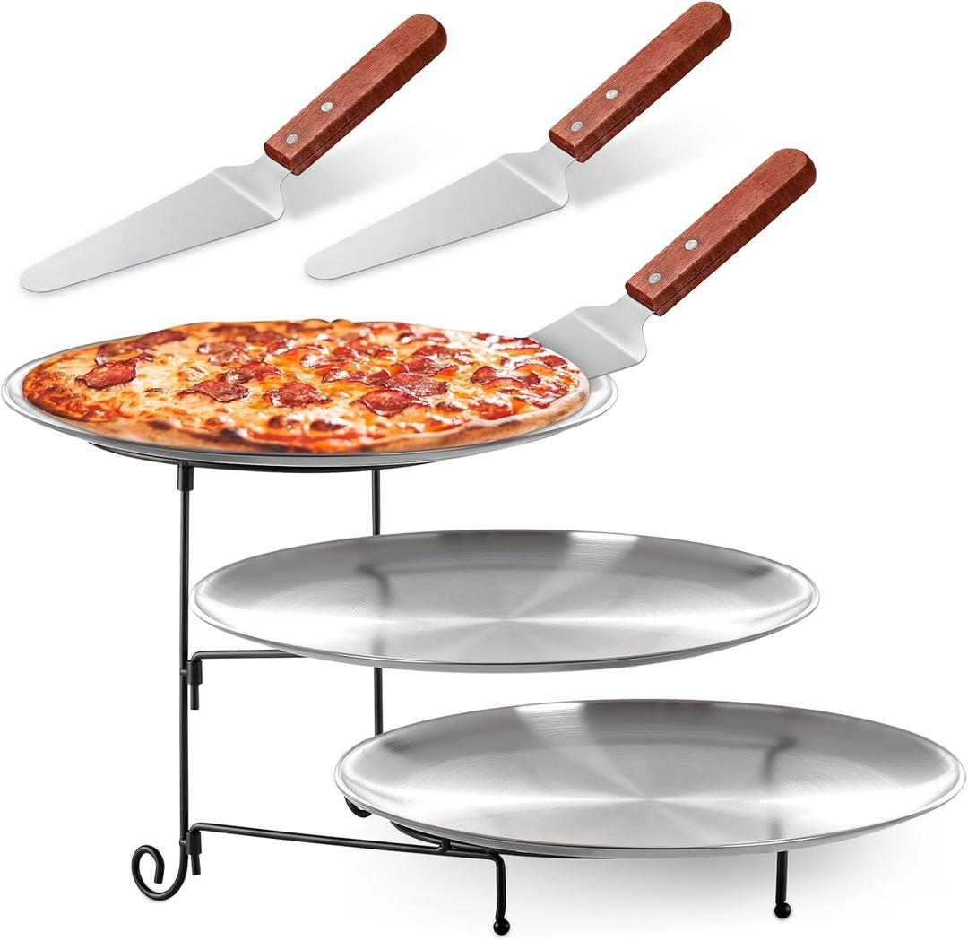 Domensi 7pcs Pizza Pan Riser Stands Sets Includes 1pcs Tiered Tray Stand 3 Stainless Steel Pizza Pan and 3 Wood Handle Knife for Tables Party Restaurant (Silver)