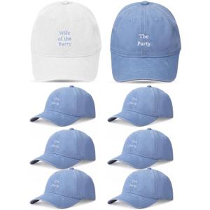 8 Pack Adjustable Bachelorette Hat, 1 Wife of The Party Cap and 7 The Party Cap for Bridesmaid Bride Wedding Gift (White, Blue)