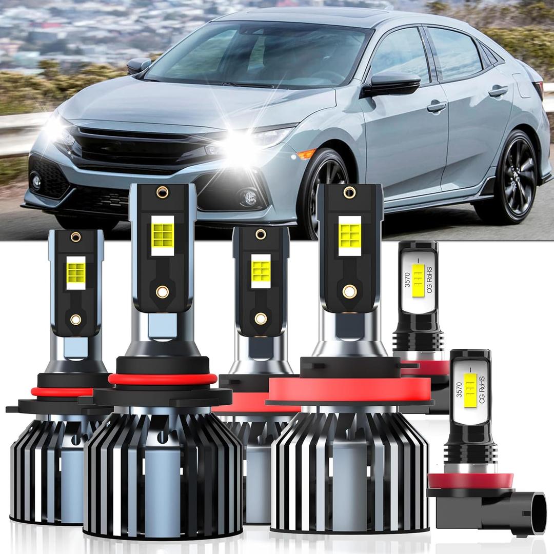 Lights Fit For Honda Civic 2014-2015 Coupe & 2016-2020, 9005 High Beam H11 Low Beam H11 Fog Light Bulbs, High Power 6500K White Light, Pack of 6