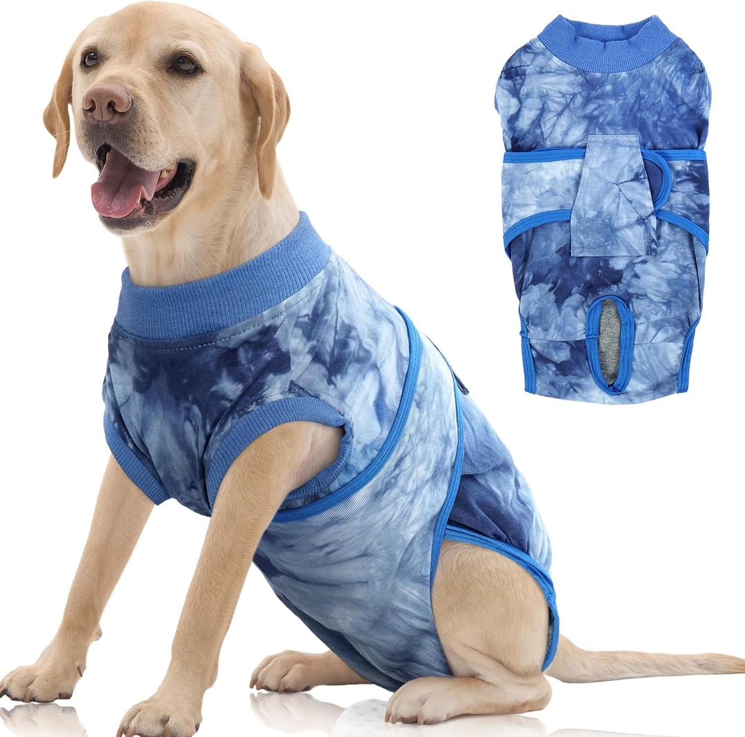 FUAMEY Recovery Suit for Dogs After Surgery,Soft Breathable Dog Bodysuit E-Collar & Cone Alternative Surgical Suit,Male Female Dog Neuter Spay Suits Anti Licking Wounds Onesie Blue Tie Dye XXL (XXL (Back:24.8-29.5'', Weight:70+ LB))