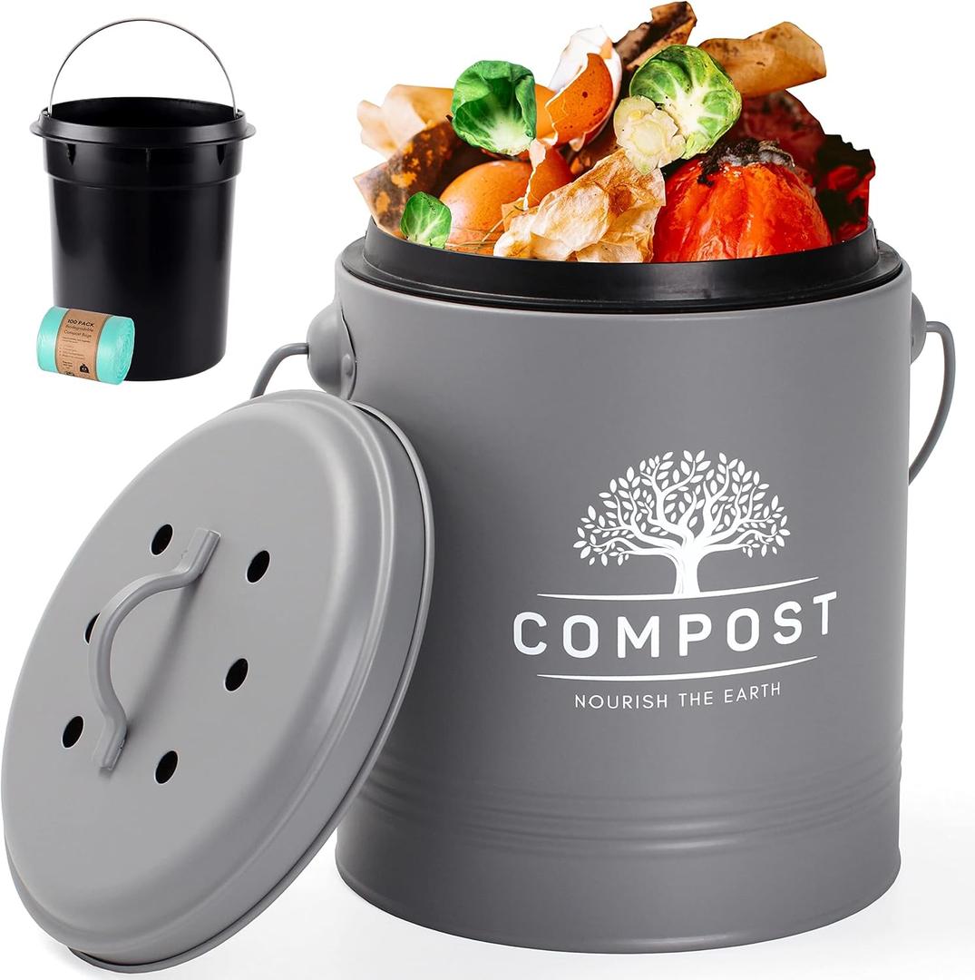 Perfnique Kitchen Compost Bin, 1.3 Gallon Countertop Compost Bin with Lid, Indoor Compost Bucket Includes Inner Bucket Liner and Carbon Filter, Small Compost Bin with Trash Bags (with Bags, Grey) (Gray)