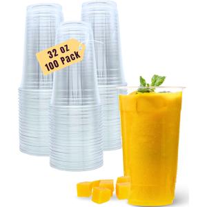 Aatriet 100 Pack 32 oz Clear Plastic Cups, 32oz Disposable Iced Cold Coffee Cups, Sturdy Recylable Drinking Cup for Milkshake, Smoothie, Cocktail, Cold Drinks, Large Tumblers Wine Glasses for Wedding