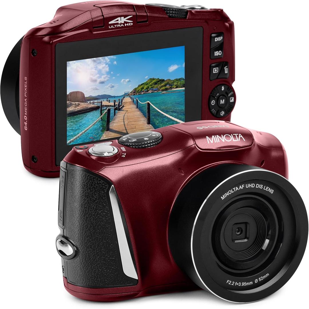 Minolta 64MP Digital Camera 4K Ultra HD Video at 60FPS, 16x Digital Zoom, WiFi, CMOS Sensor, 3-inch LCD Display, Auto Exposure - Includes 32GB Memory Card, Rechargeable Battery (Red)
