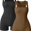 OQQ Women 2 Piece Rompers Yoga Stretch Strappy Square Neck Sleeveless Exercise Rompers (Medium, Black,coffee)