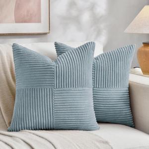 Fancy Homi Set of 2 Light Blue Decorative Throw Pillow Covers 18x18 Inch with for Couch Bed Sofa Living Room, Soft Cross Patchwork Striped Corduroy Coastal Blue Square Cushion Case 45x45 cm