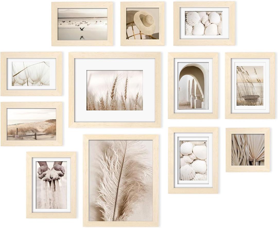 Egofine Picture Frame Set 12 Pack, Picture Frames Collage Wall Decor with Two 8x10, Four 5x7, Four 4x6, Two 4x4 for Wall and Tabletop, Made of Solid Wood, Covered by Plexiglass, Natural Wood