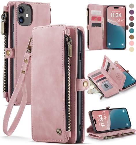 Defencase Compatible with iPhone 11 Case Wallet with RFID Blocking Card Holder for Women and Men, Fashion PU Leather Magnetic Snap Flip Zipper Strap Wallet Phone Case Fit for iPhone 11 6.1", Rose Pink