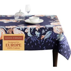 Maison d' Hermine Table Cloth Rectangle Table 100% Cotton 70 x 90 Inches Fall Tablecloth Reusable Everyday Use for Thanksgiving Christmas Decorations Dining Farmhouse Party (Pumpkin Blues)