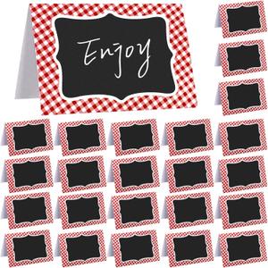 TaoBary 24 Pcs Gingham Picnic Party Decoration Supplies 4x6 Inch Italian Themed Party Chalkboard Tent Cards Double Sided Mini Blackboard Labels for Picnic BBQ Wedding Table Number Food Place(Red)