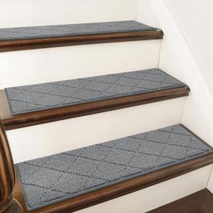 COSY HOMEER Stair Treads for Wooden Steps 9"x28" Washable Indoor Carpet Stair Treads Non Slip Soft Polyester Stair Carpet Tread Reusable Stair Runner Rugs for Kids, Elders,Pets,Medium Grey, 15Pcs