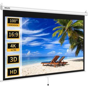 WASJOYE 100'' Manual Pull Down Projector Screen, 4K HD Retractable Projection Screen with Auto Locking, 16:9 Projector Screen Anti-Crease for Home Theater Cinema Office Education Presentation