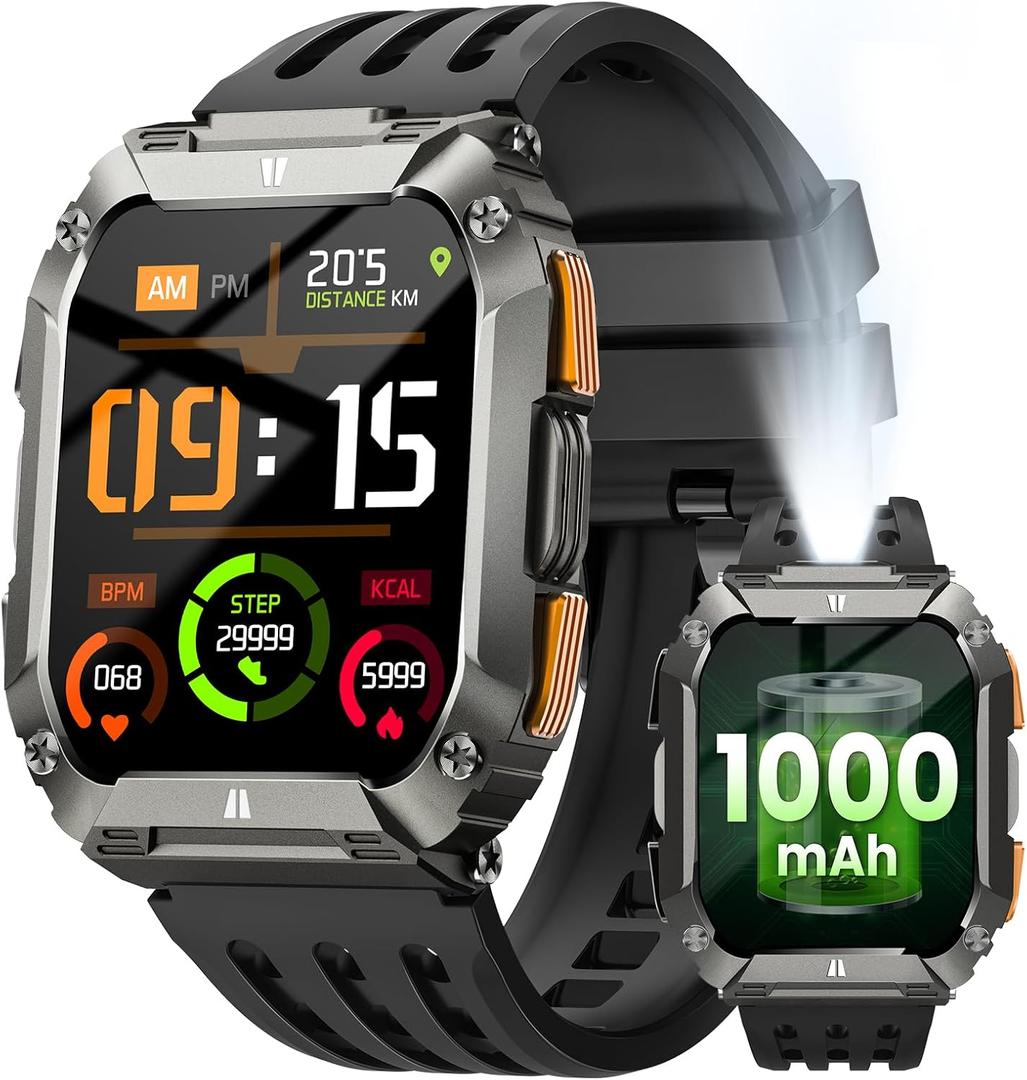 Smart Watches for Men, Military Smart Watch with 100 Days Battery/LED Flashlight, 1.95'' Fitness Watch with Heart Rate/ Sleep Monitor/100+ Sports Mode, 5 ATM Rugged Smartwatch for Android and iPhone