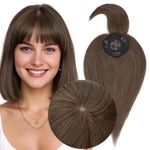 MY-LADY Human Hair Toppers for Women Real Human Hair with Bangs Thin 8.5 * 8.5CM Mono Base Clip in Remy Hairpieces Light Weight 12 Inch Dark Brown