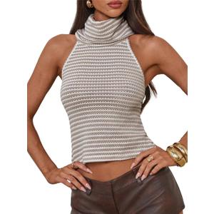 Verdusa Women's High Neck Halter Top Striped Sleeveless Crop Tops Summer Date Night Outfit (S)